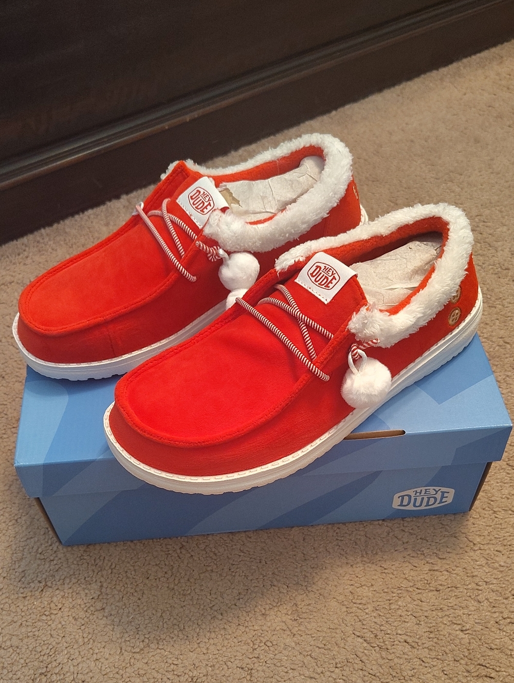 Hey Dude Red Slip-On Pom Cozy Lined Shoes-Mrs Claus